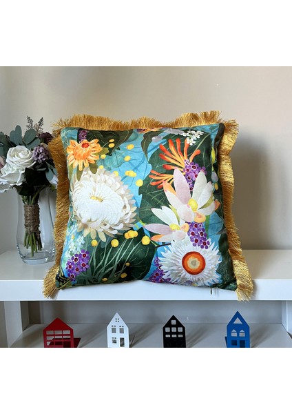 Mavi Zemin Suluboya Soft Çiçek Desenli Dijital Baskılı Kadife Kırlent Kılıfı Saçaklı