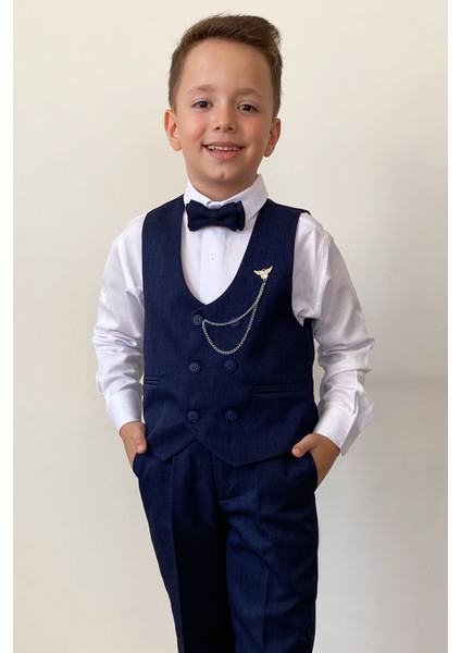 Erkek Çocuk 4'lü Takım Elbise Seti Mavi Yelek, Gömlek, Pantolon ve Papyon