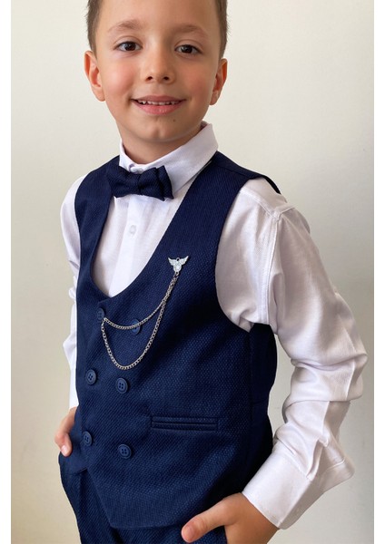 Erkek Çocuk 4'lü Takım Elbise Seti Mavi Yelek, Gömlek, Pantolon ve Papyon fiyatları