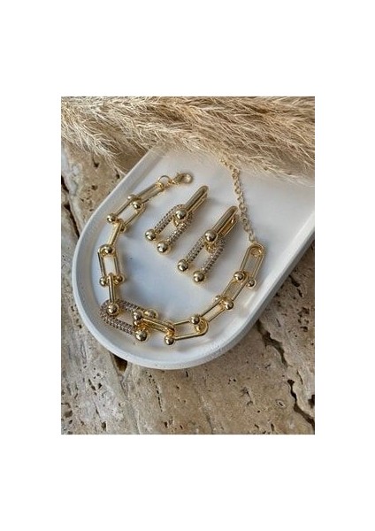 Kalın Zincirli Taşlı Tiffany Model Kolye Küpe Bileklik Set