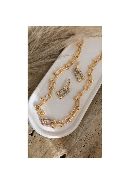 Kalın Zincirli Taşlı Tiffany Model Kolye Küpe Bileklik Set