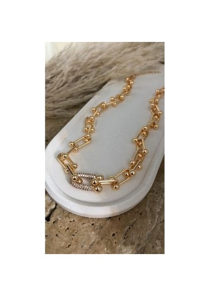 Kalın Zincirli Taşlı Tiffany Model Kolye Küpe Bileklik Set