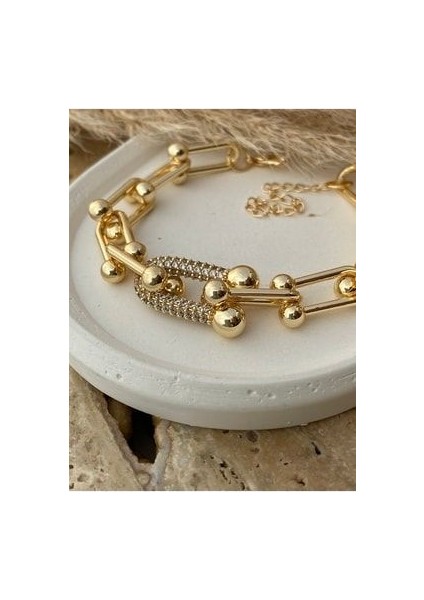 Kalın Zincirli Taşlı Tiffany Model Kolye Küpe Bileklik Set