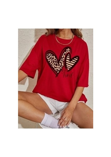 Bı Kind Baskılı Kırmızı Kadın Oversize Salaş T-Shirt Boyfriend