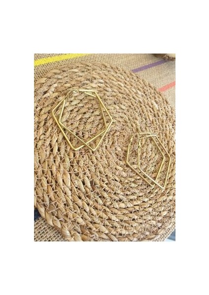 Beşgen Çelik Küpe Gold Geometrik Halka Model 6cm Küpe Büyük