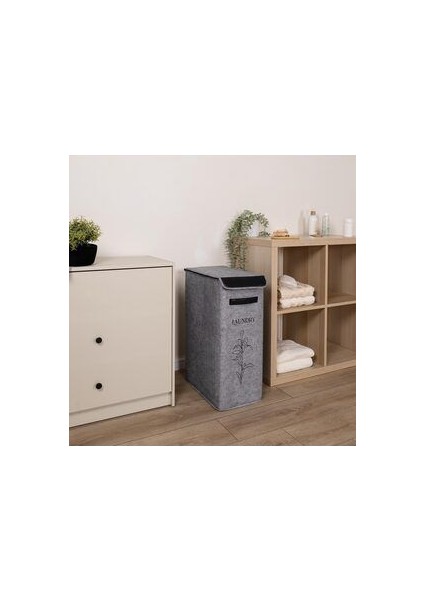 Felted Deri Detaylı Lüks Keçe Çamaşır Sepeti