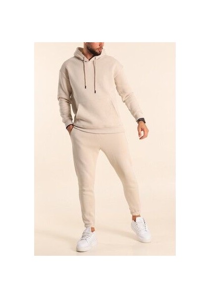 Erkek Bej Eşofman Takımı Oversize Kalıp Comfort Kapüşonlu Sweatshirt Sweatpants