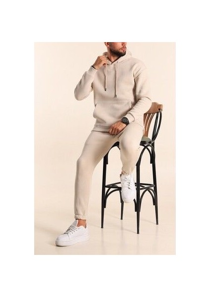 Erkek Bej Eşofman Takımı Oversize Kalıp Comfort Kapüşonlu Sweatshirt Sweatpants