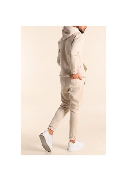 Erkek Bej Eşofman Takımı Oversize Kalıp Comfort Kapüşonlu Sweatshirt Sweatpants