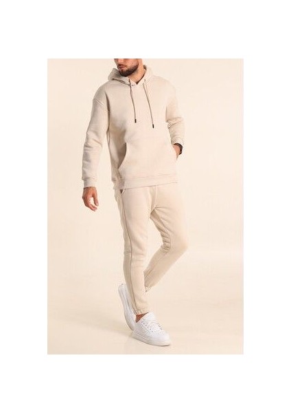 Erkek Bej Eşofman Takımı Oversize Kalıp Comfort Kapüşonlu Sweatshirt Sweatpants