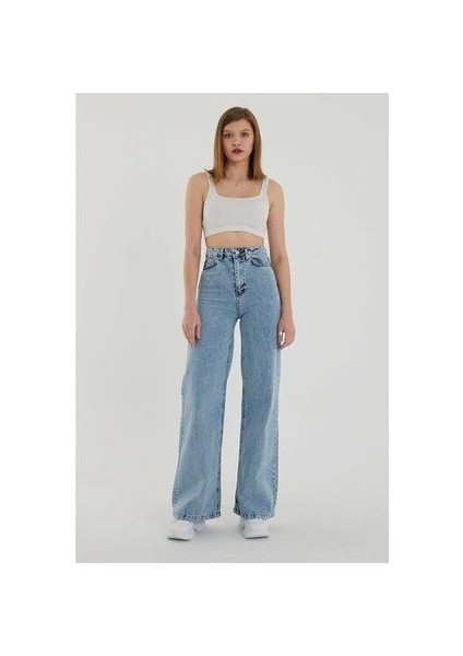 Power Likralı Kadın Açık Mavi Kar Yıkama Yüksek Bel Salaş Paça Denim Kot Pantolon modelleri