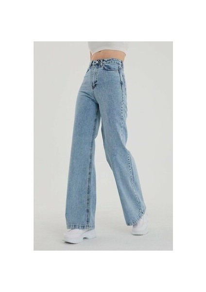 Power Likralı Kadın Açık Mavi Kar Yıkama Yüksek Bel Salaş Paça Denim Kot Pantolon indirimleri