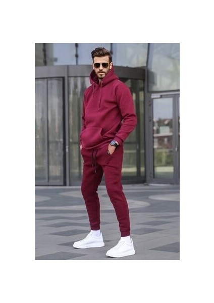 CMZ Collection Erkek 3 Iplik Şardonlu Bordo Kapşonlu Basic Eşofman Takımı