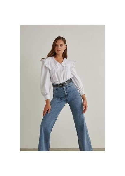 Ika 90's Koyu Mavi Kar Yüksek Bel Palazzo Wide Leg Jean Kadın Likra Toparlayıcı Kot