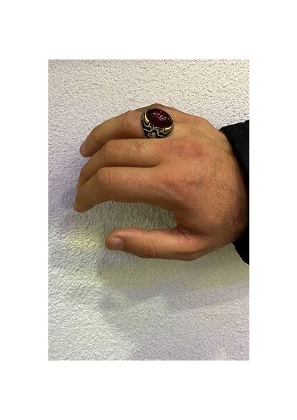 Osmanlı Tuğra Işlemeli Lal Taşlı Gümüş Erkek Yüzük