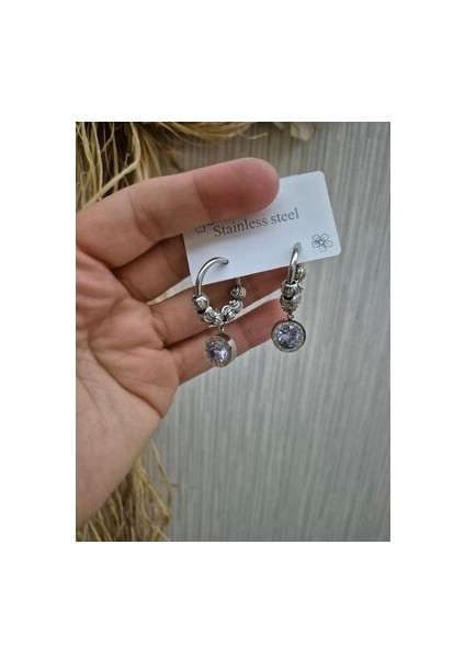 Dorika Boncuklu Gümüş Renk Çelik Halka Küpe Romen Rakamli Model modelleri
