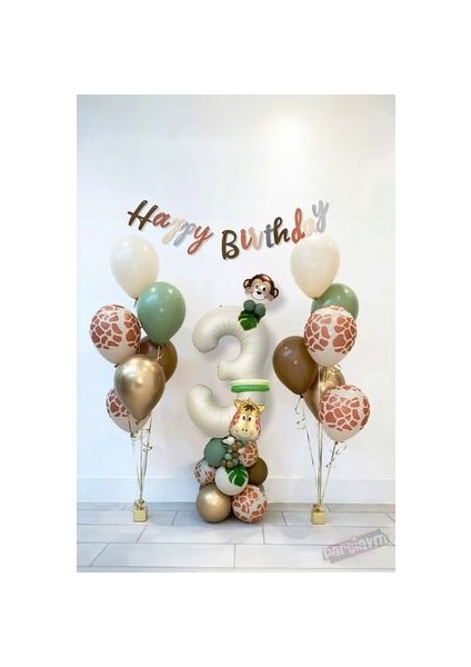 Retro Safari Tema Kahve Tonları Balon Seti Orman Hayvanları Zürafa Maymun Krem Rakam Folyo Balon