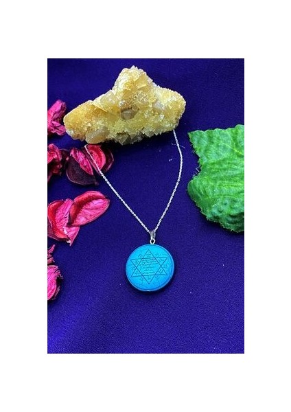 Hz Süleyman Mührü Işlemeli Turkuaz Taşlı Gümüş Gümüş Kolye