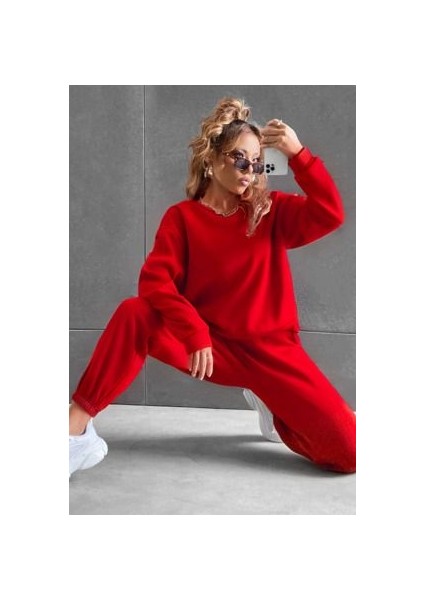 Kadın Bisiklet Yaka Içi Şardonlu 3 Iplik Kırmızı Eşofman Takımı