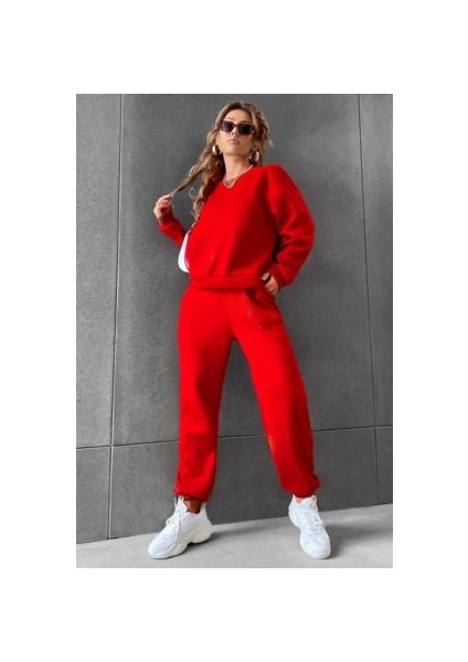 Kadın Bisiklet Yaka Içi Şardonlu 3 Iplik Kırmızı Eşofman Takımı fiyatları