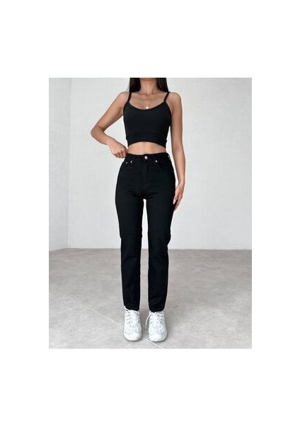 Leo Penelope Kadın Yüksek Bel Siyah Mom Jeans Likralı Esnek Kot Pantolon