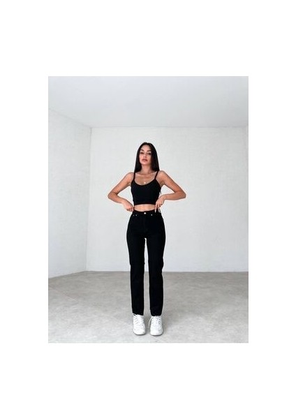 Leo Penelope Kadın Yüksek Bel Siyah Mom Jeans Likralı Esnek Kot Pantolon