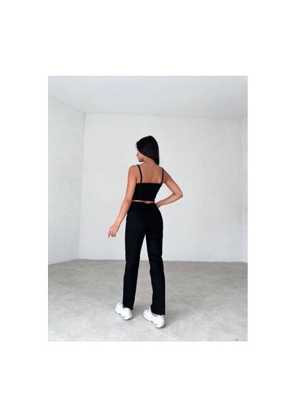 Leo Penelope Kadın Yüksek Bel Siyah Mom Jeans Likralı Esnek Kot Pantolon