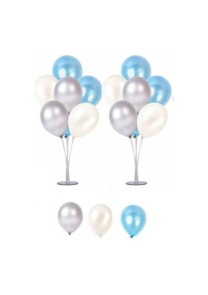 Hastane Süsleme 2 Adet 7'li Balon Standı ve Gümüş -Mavi - Beyaz Metalik Balon Set