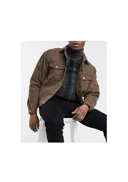 Kahverengi Erkek Slim Fit Denim Kot Ceket modelleri