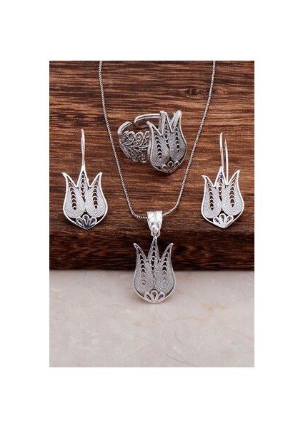 Lale Model Telkari El Işçiliği Gümüş Üçlü Set