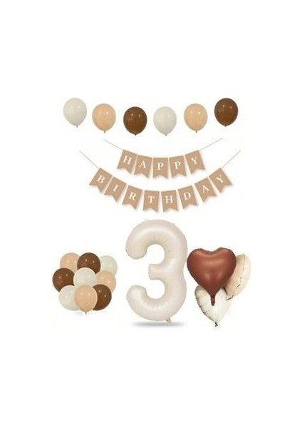 3 Üç Yaş Retro Doğum Günü Seti Krem 3 Rakam Folyo, Banner, Kalp Folyo ve Lateks Balon Retro Renkler