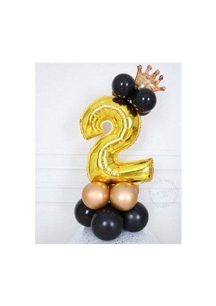 Altın Rakam Balon Karşılama Seti 2 Yaş Siyah Gold Renkleri Altın Taçlı 2 Rakamlı Balon