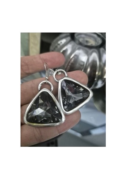 Antik Gümüş Küpe Kristal Taşlı El Yapımı Üçgen