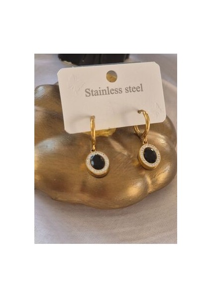 Zirkon Taşlı Siyah Çelik Küpe Oval Model Gold fırsatları