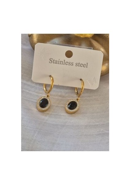 Zirkon Taşlı Siyah Çelik Küpe Oval Model Gold fiyatları