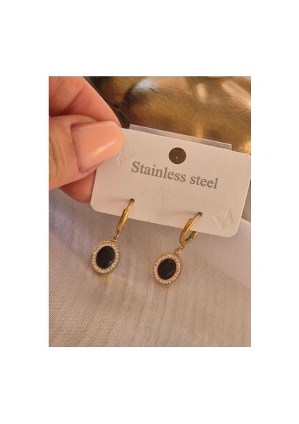 Zirkon Taşlı Siyah Çelik Küpe Oval Model Gold