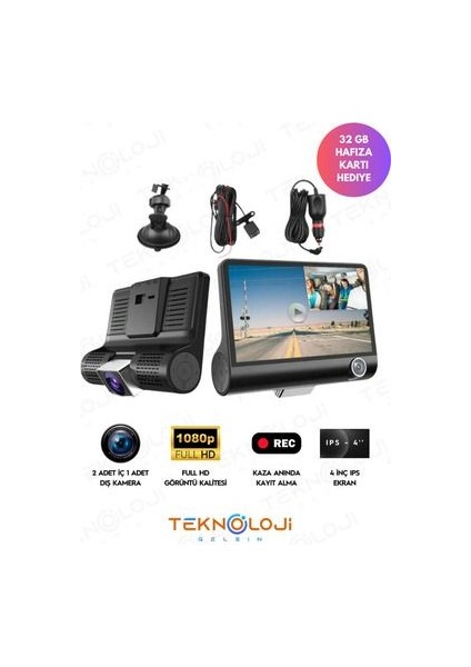 Araç Içi Kamera 4'' Ekran 3 Kameralı 170° Geniş Açı 1080P G-Sensör Gece Görüşlü 32GB Sd Kart
