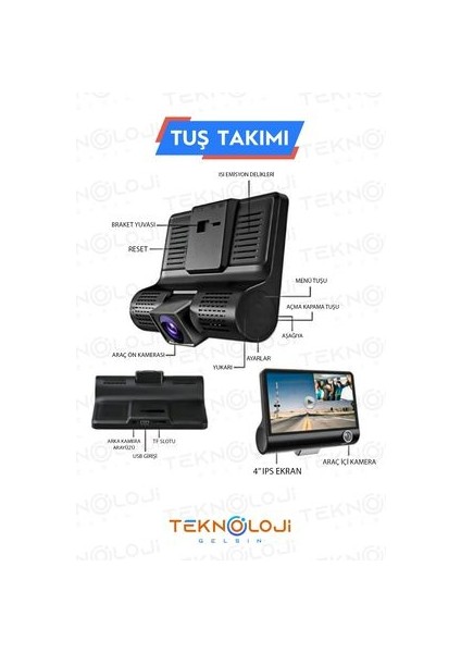Araç Içi Kamera 4'' Ekran 3 Kameralı 170° Geniş Açı 1080P G-Sensör Gece Görüşlü 32GB Sd Kart fiyatları