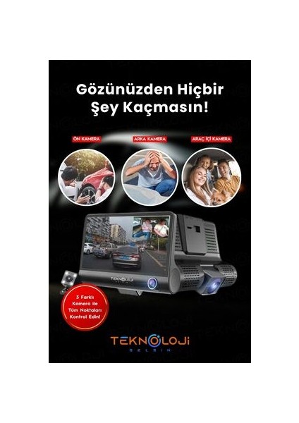 Araç Içi Kamera 4'' Ekran 3 Kameralı 170° Geniş Açı 1080P G-Sensör Gece Görüşlü 32GB Sd Kart fırsatları
