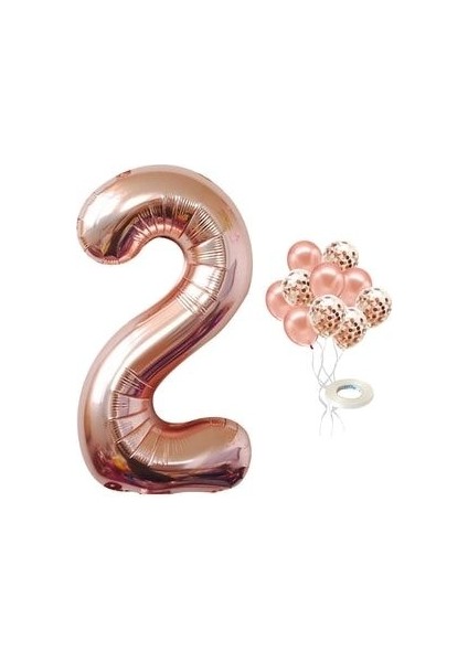 Büyük Rakam Balon Rose Gold 2 Yaş + Konfeti Pullu Şeffaf Balon Metalik Rose Gold Balon