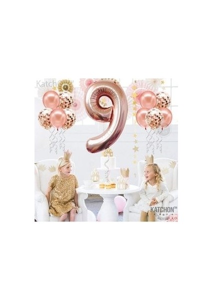 Büyük Rakam Balon Rose Gold 9 Yaş + Konfeti Pullu Şeffaf Balon ve Metalik Rose Gold Balon indirimleri