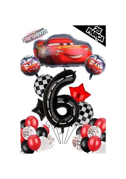 Siyah Rakam Balonlu Şimşek Mcqueen Balon Seti Arabalar (Cars) Konfetili Şeffaf Balon