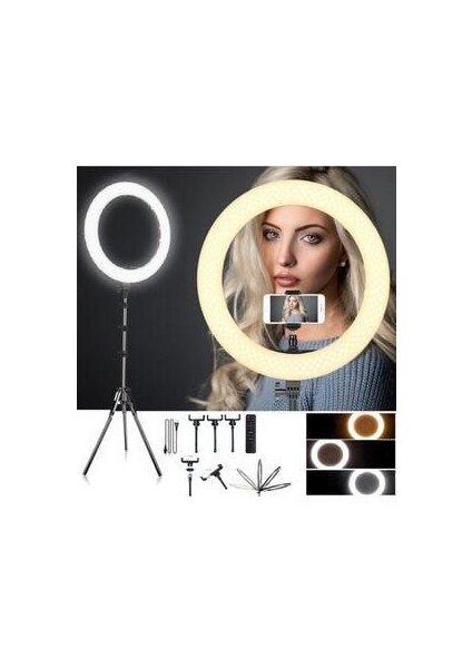 Ring Light 18INÇ Youtuber Tiktok LED Çantalı ve Kumandalı 3 Telefon Tutucu Makyaj Işığı+2 1 M Tripod