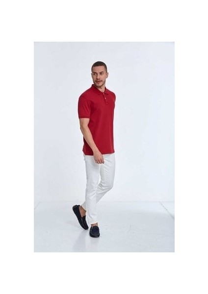 Nakışlı Pamuklu Polo Yaka Erkek Tişört Kırmızı modelleri