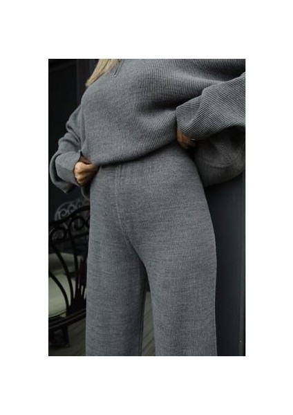Genel Markalar Örgü Detaylı Oversize Kazak Pantolon Triko Alt-Üst Takım