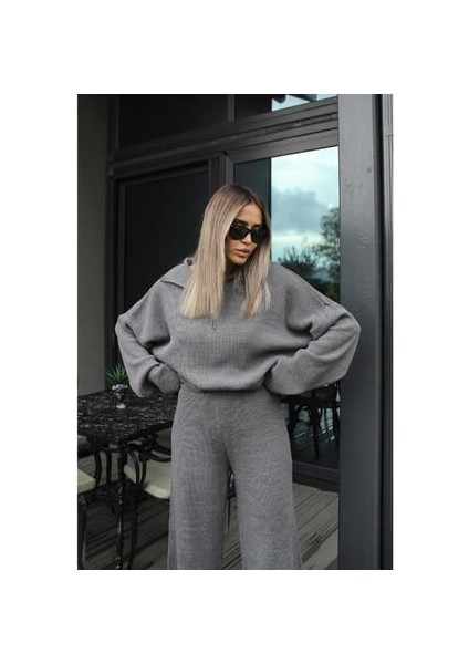 Genel Markalar Örgü Detaylı Oversize Kazak Pantolon Triko Alt-Üst Takım modelleri