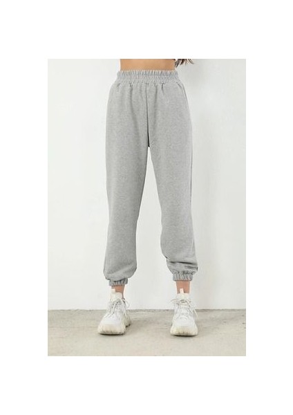 Düz Basic Eşofman Altı Jogger - Gri Lastik Paça Yüksel Bel