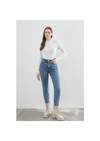 Zero Max Kadın Süper Yüksek Bel Mavi Mom Jeans Likralı Esnek Kot Pantolon