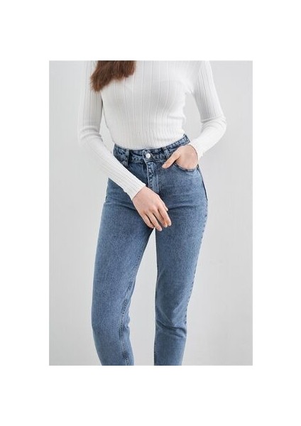 Zero Max Kadın Süper Yüksek Bel Mavi Mom Jeans Likralı Esnek Kot Pantolon