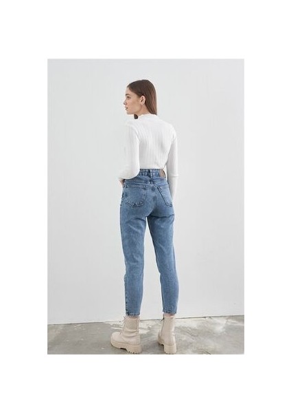 Zero Max Kadın Süper Yüksek Bel Mavi Mom Jeans Likralı Esnek Kot Pantolon